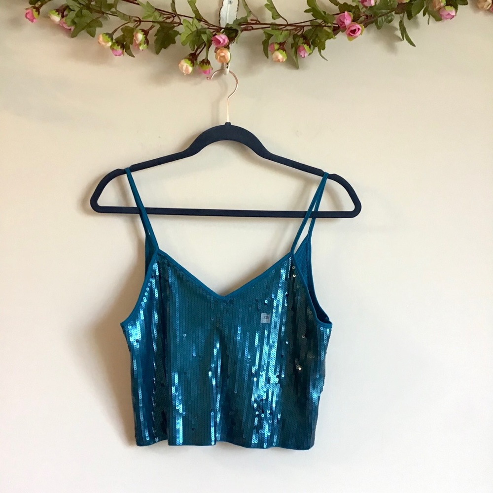 NWT Express teal blue-green sequin crop tank top - Picture 4 of 9